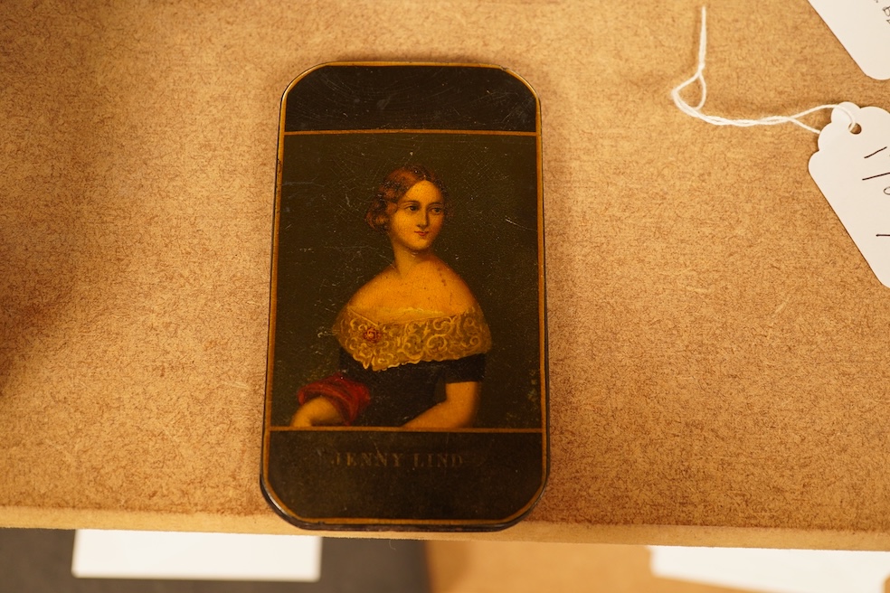 A Victorian papier-mâché cigar envelope with a portrait of Jenny Lind to the cover, 13cm high